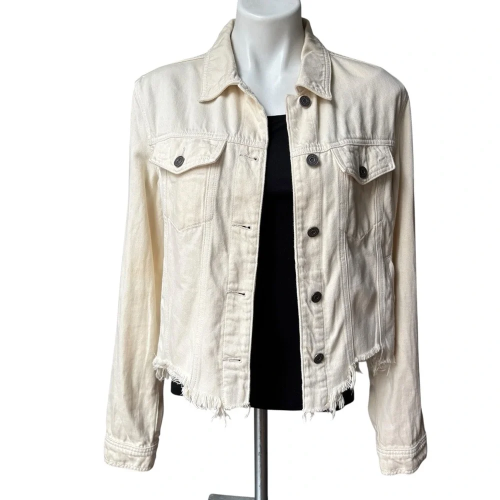 HIDDEN JEANS Rebel Fray Hem Denim Trucker Jacket in Cream, Sz L - Picture 5 of 16